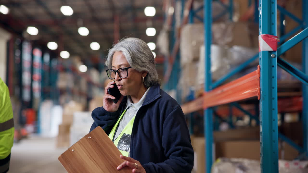 Experienced Woman Manager Talking on Phone in a Warehouse