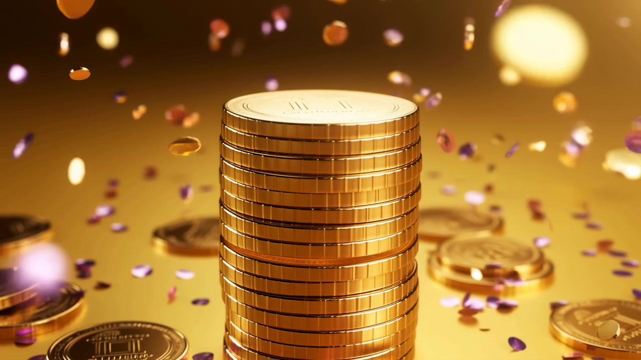 Tall stack of shiny gold coins stands centered on glossy golden surface, while scattered pieces and purple confetti drift around it under warm amber light, suggesting luxury finance celebration