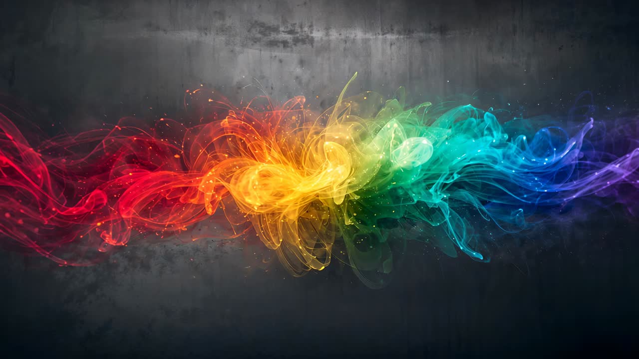 Bursting colored smoke plumes drifting across studio backdrop, showcasing rainbow mist movement