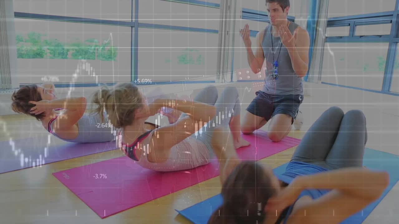 Trainer guiding group doing crunches in gym, displaying animated heart icon and rep counter