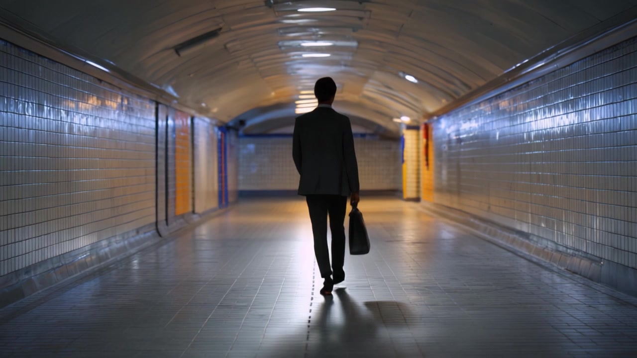 A solitary figure in formal attire walks confidently through a dimly lit urban tunnel, symbolizing determination and purpose as they navigate the path ahead.