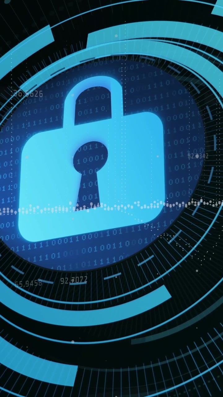 Animation of data processing over security padlock on round scanner against black background