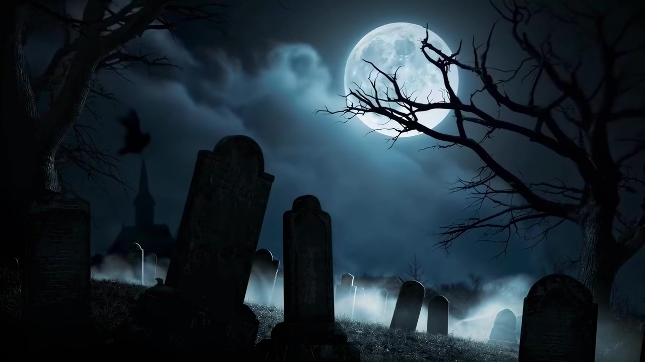 Pipistrelli che volano sopra un cimitero spettrale sotto una luna piena