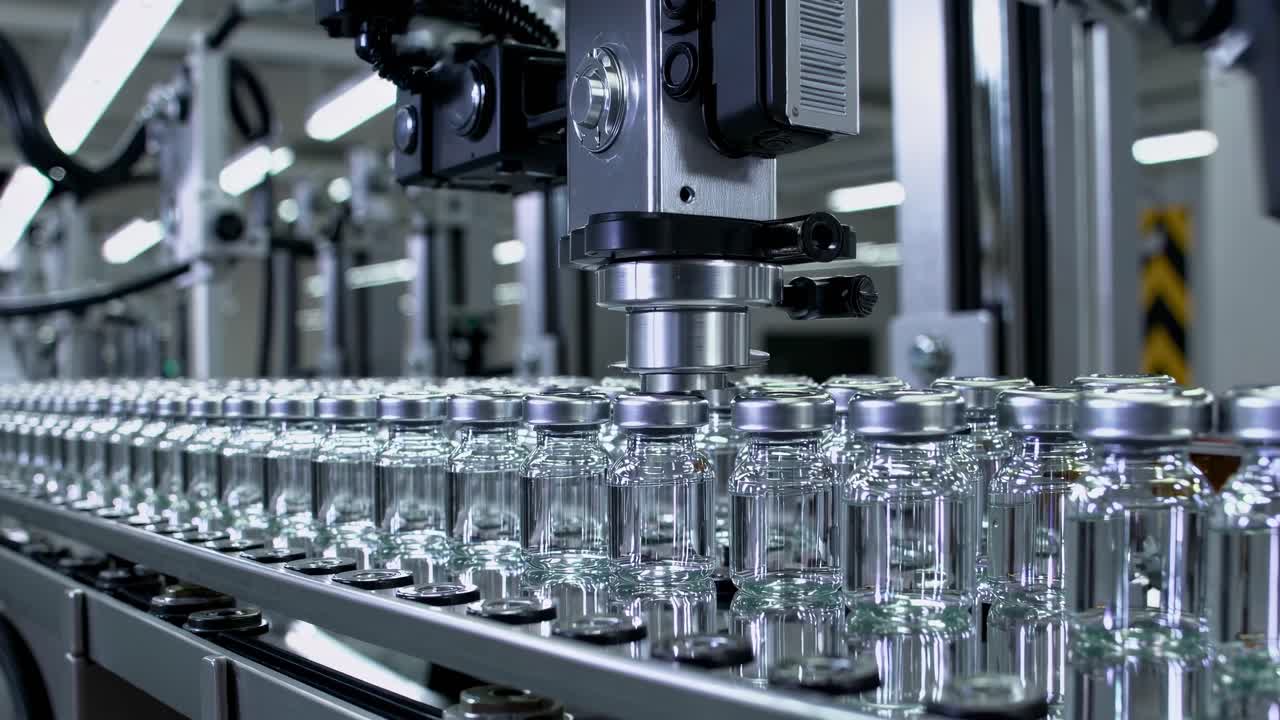 Industrial video showcasing a close-up, low-angle view of a modern assembly line with glass bottles