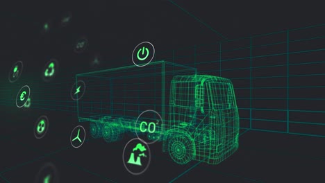 animation of eco icons and data processing over 3d car technical drawing