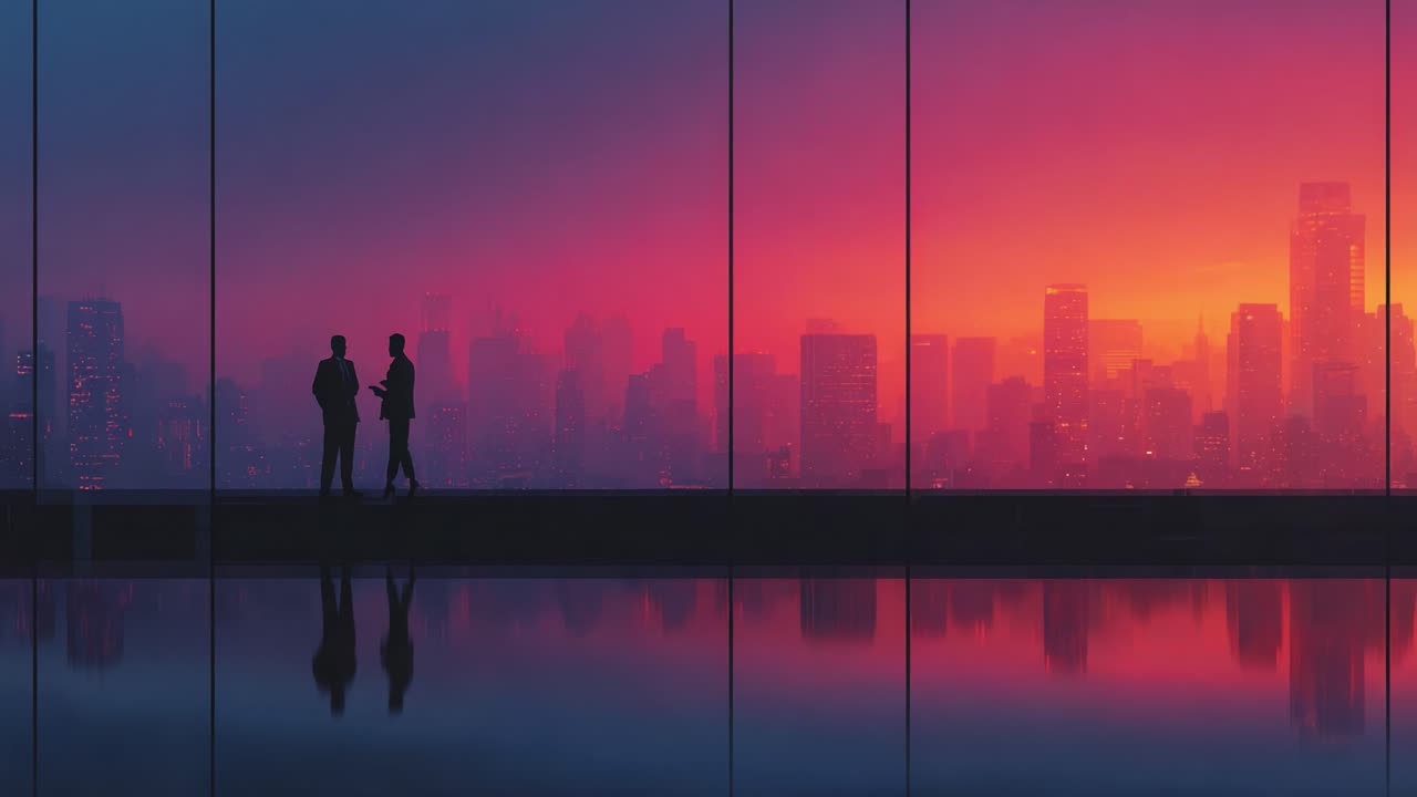 Dos siluetas conversando con un impresionante paisaje urbano de fondo y una vibrante puesta de sol que resalta, creando una experiencia visual dinámica