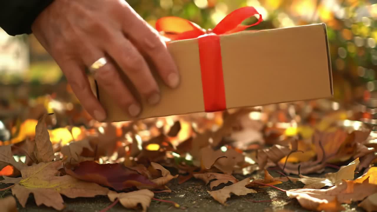 A Beautiful Autumn Scene Showcasing Colorful Fallen Leaves Surrounding a Gift Box Tied with a Red Ribbon, Evoking Warmth and the Spirit of Giving