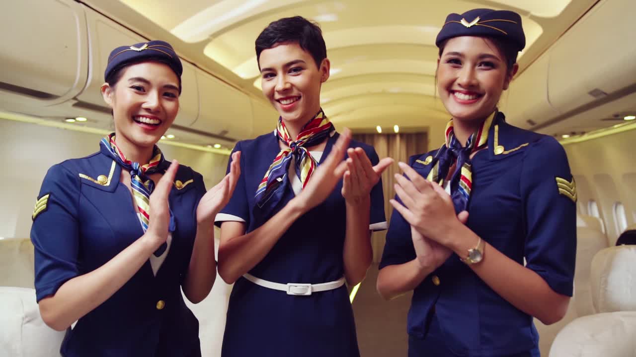 Premium stock video - Cabin crew clapping hands in airplane