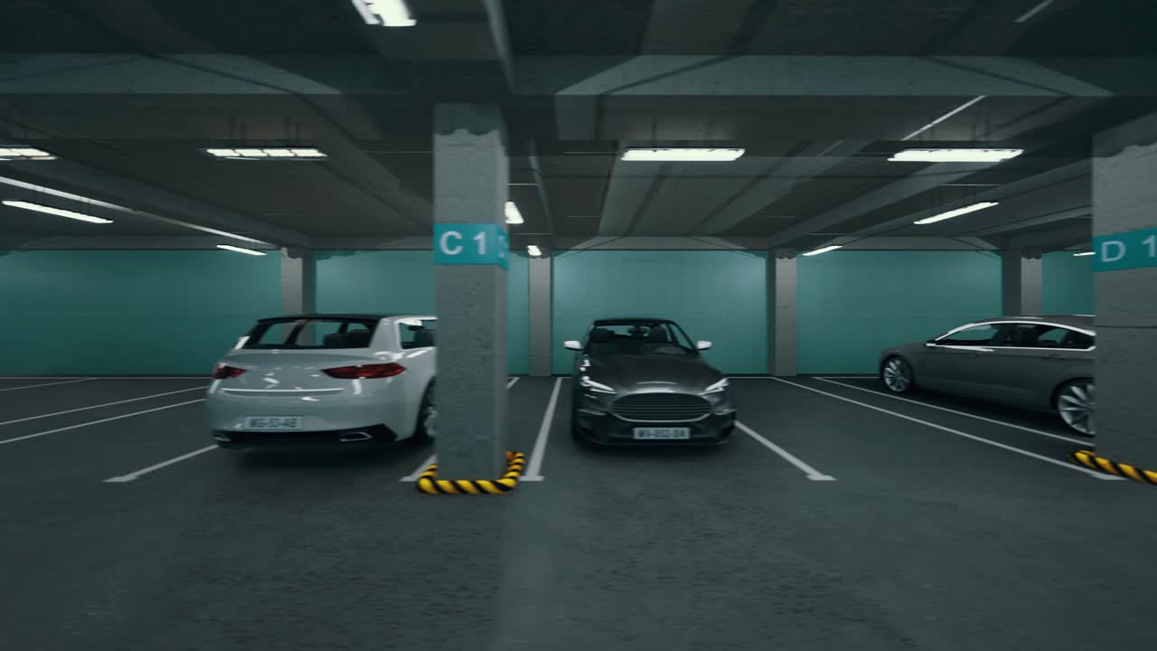 Underground parking with cars. Modern underground parking. Indoor full modern parking. Underground Parking Garage Scene