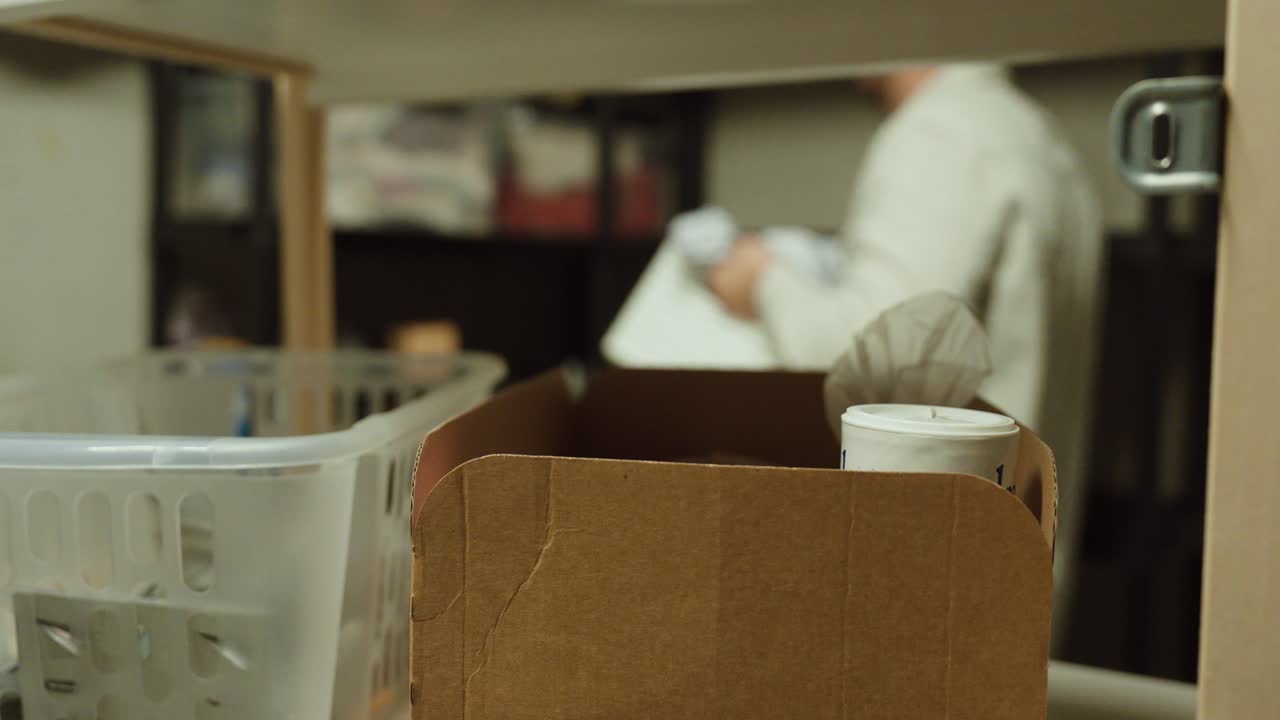 A person works in a home storage area, sorting boxes and organizing shelves as part of managing a small online shop from home