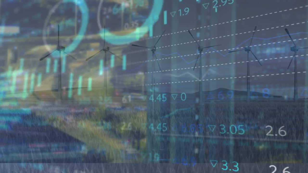 Animation of financial data processing over wind turbines