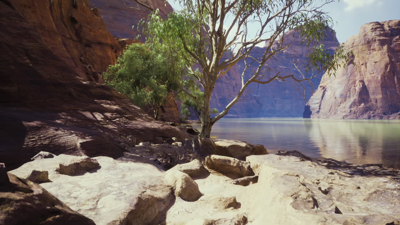 Natural beauty of a serene lake surrounded by cliffs and trees