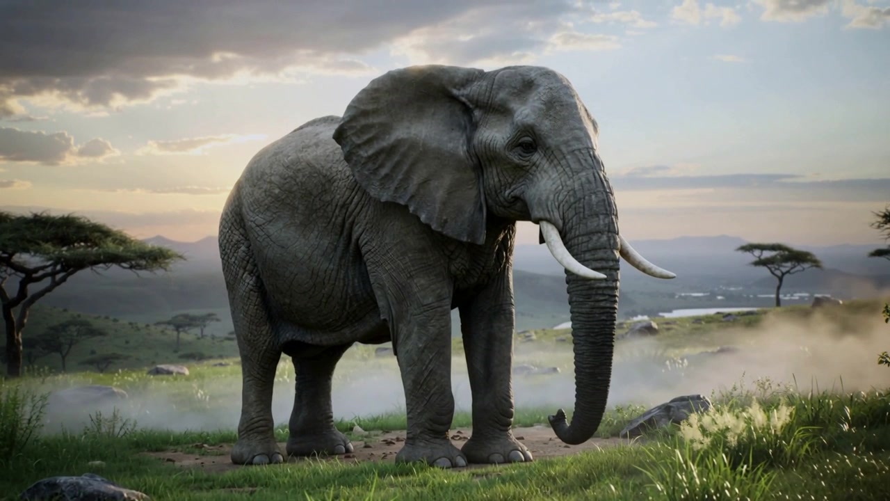 Stående elefant sænker snabel, flytter ben på savannen, mens kameraet zoomer ind og fremhæver stødtænder.