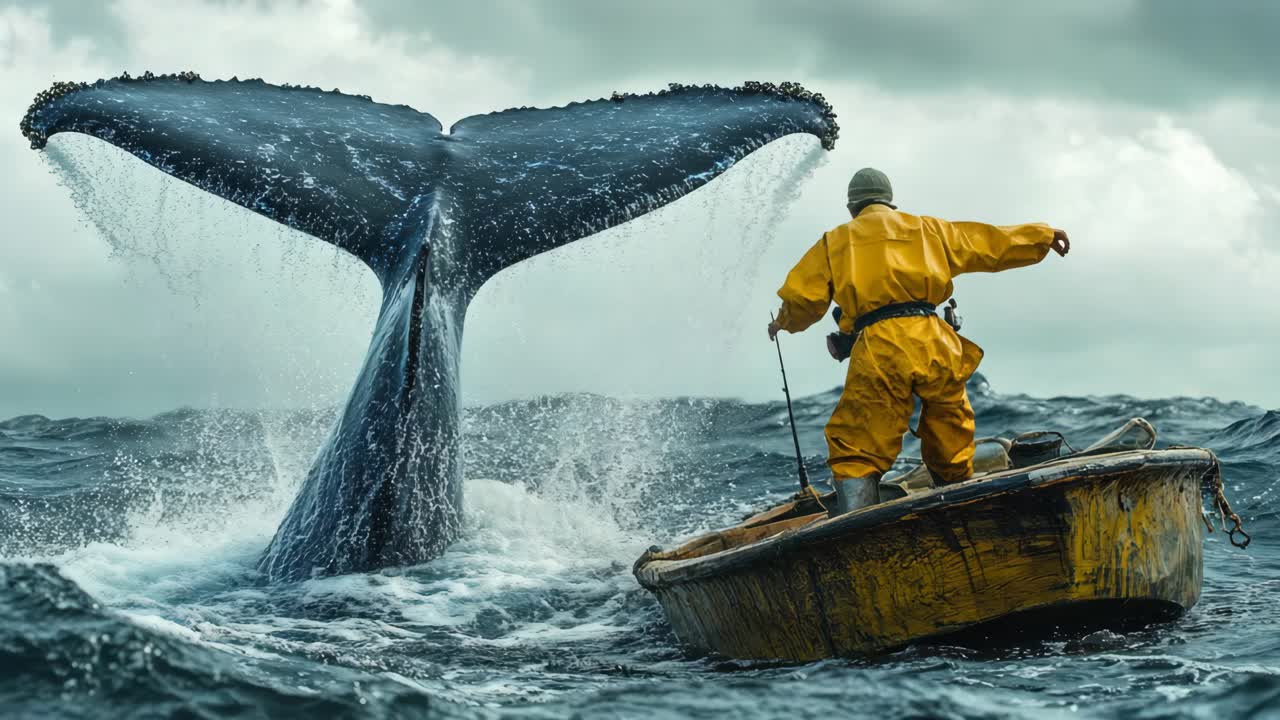 Whale Tail and Fisherman in Rough Seas