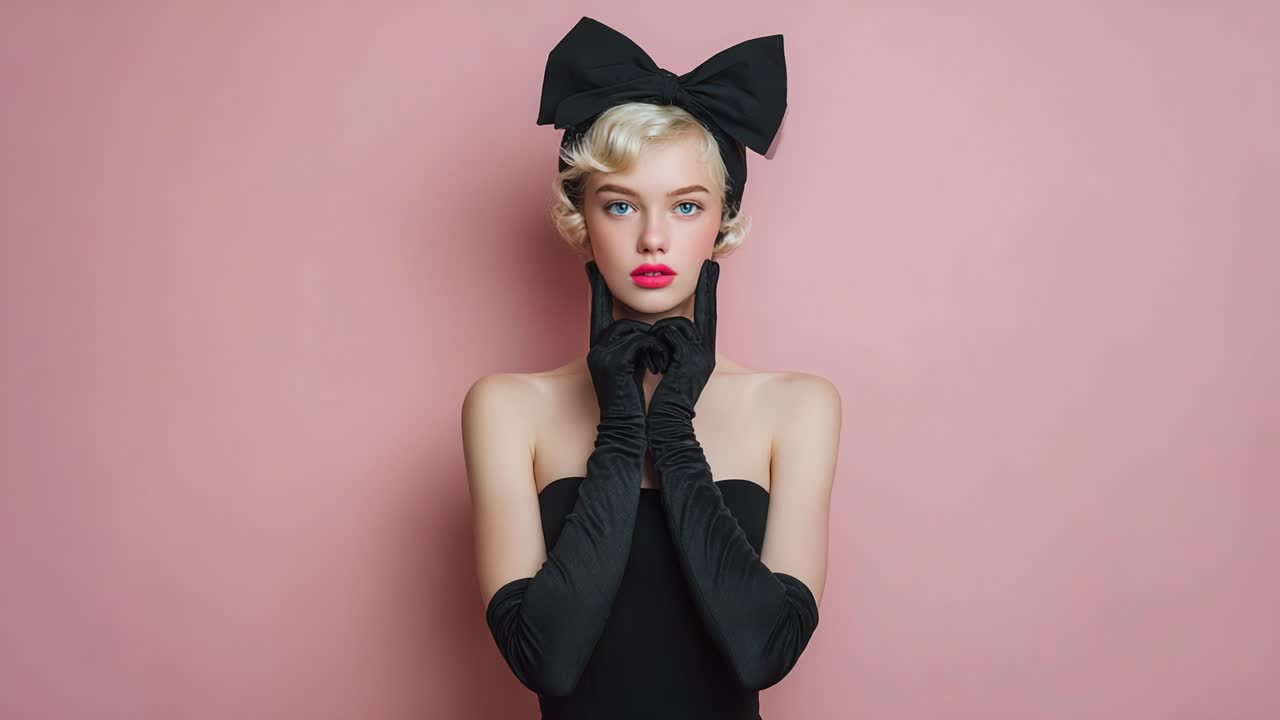 Elegante ritratto di una modella con un vistoso fiocco su sfondo rosa, che cattura fascino e stile in un intramontabile outfit nero con accessori sofisticati