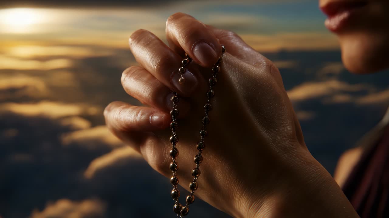Un momento di serena riflessione: una persona tiene in mano un rosario di perline, immersa in preghiera e contemplazione di fronte a un meraviglioso tramonto sulle nuvole, a simboleggiare la fede e la pace interiore