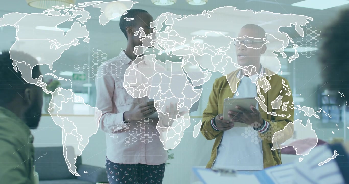 Presenters standing activating expanding world map forming tech network viz for briefing