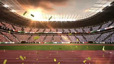 animation of golden confetti falling against view of sports stadium