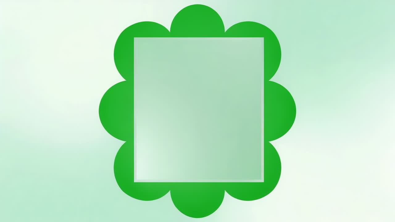 Playback starting, scaling green scalloped emblem growing revealing frosted square on mint backdrop