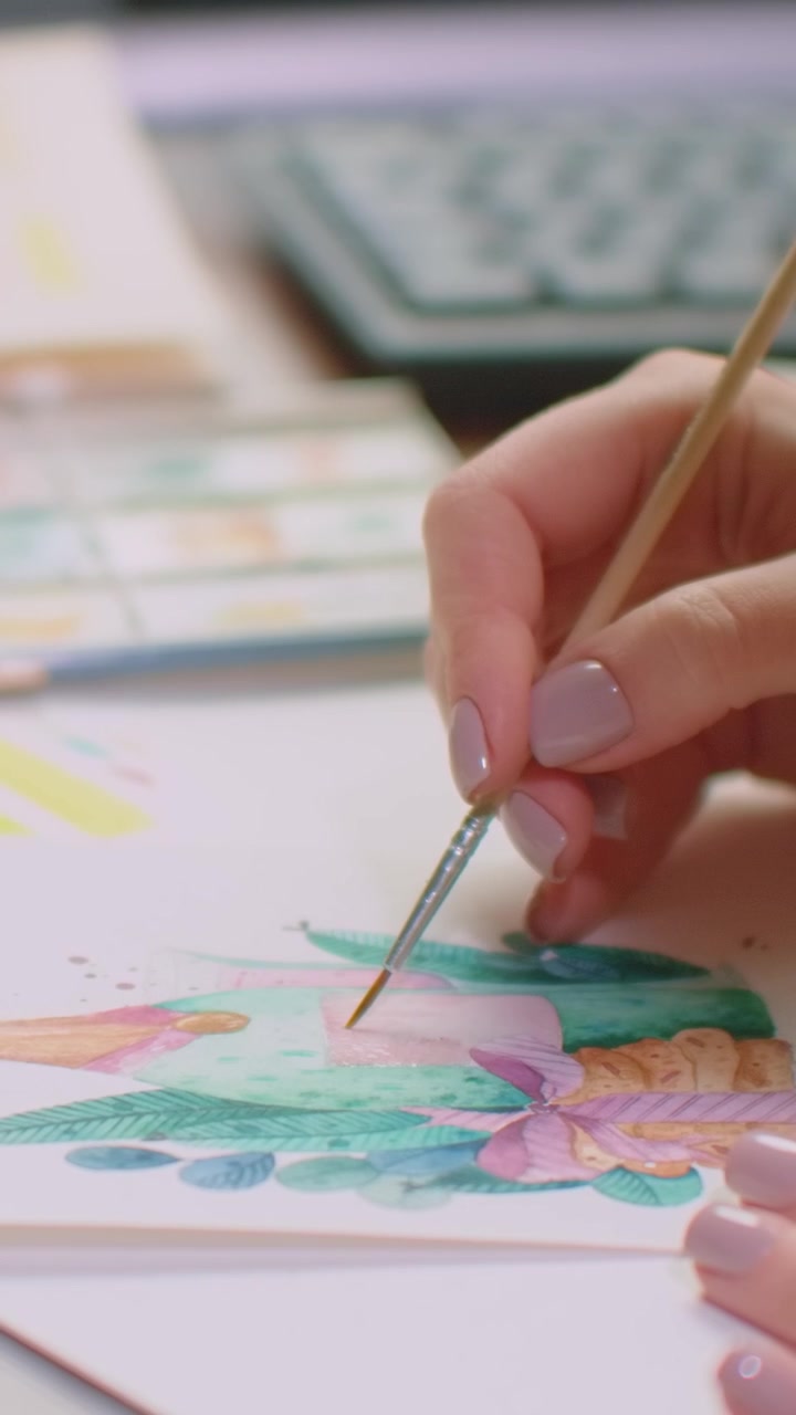 Artist Painting a Watercolor Illustration of a House