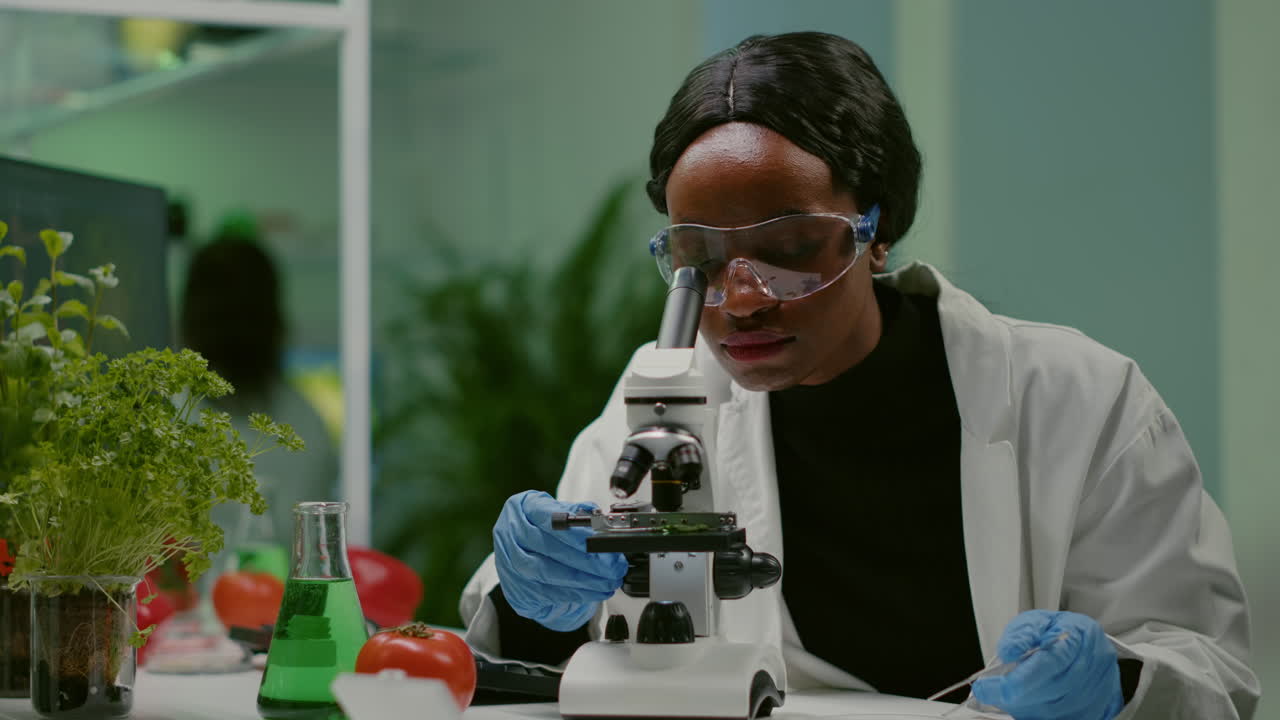 Portrait of scientist taking leaf sample with micropipette putting on slide