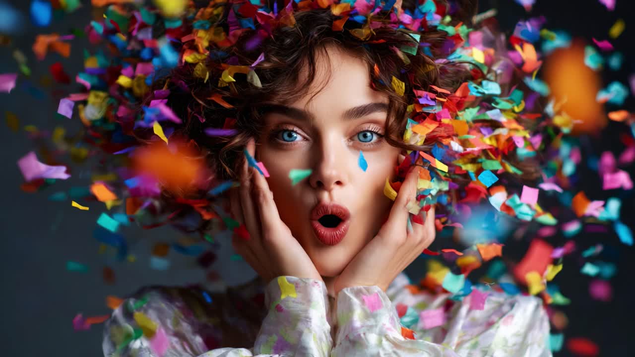 A woman exudes joy and surprise as colorful confetti rains down, creating a lively atmosphere full of celebration and delight, showcasing her expressive face and vibrant hair