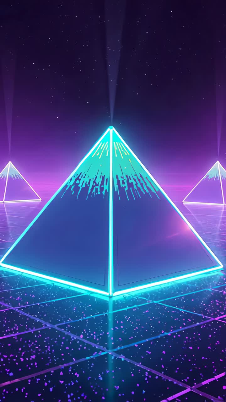 Vertical video: Pulsing cyan pyramid reacting to pulse, sending beam and rippling apex on neon grid