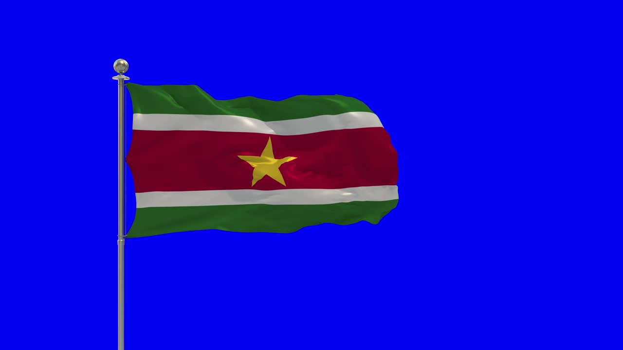 Suriname Illustrazione 3D della bandiera sventolante su un'asta con Chroma