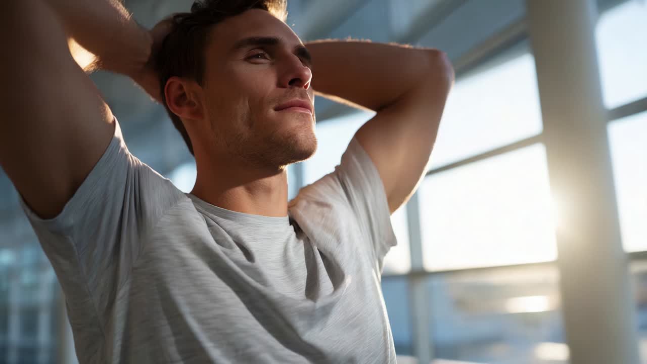 A Thoughtful Young Man Reflects in a Bright, Modern Space, Using Body Language to Convey His Confidence and Calmness as Light Streams Through Large Windows, Creating an Inspiring Atmosphere
