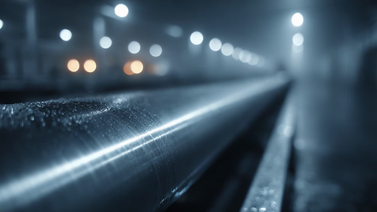 Ein intimer Blick auf Metallrohre in einer schwach beleuchteten Industrieumgebung, eingefangen in atmosphärischer Tiefe, verstärkt durch weiche Bokeh-Hintergründe mit schimmernden Lichtern