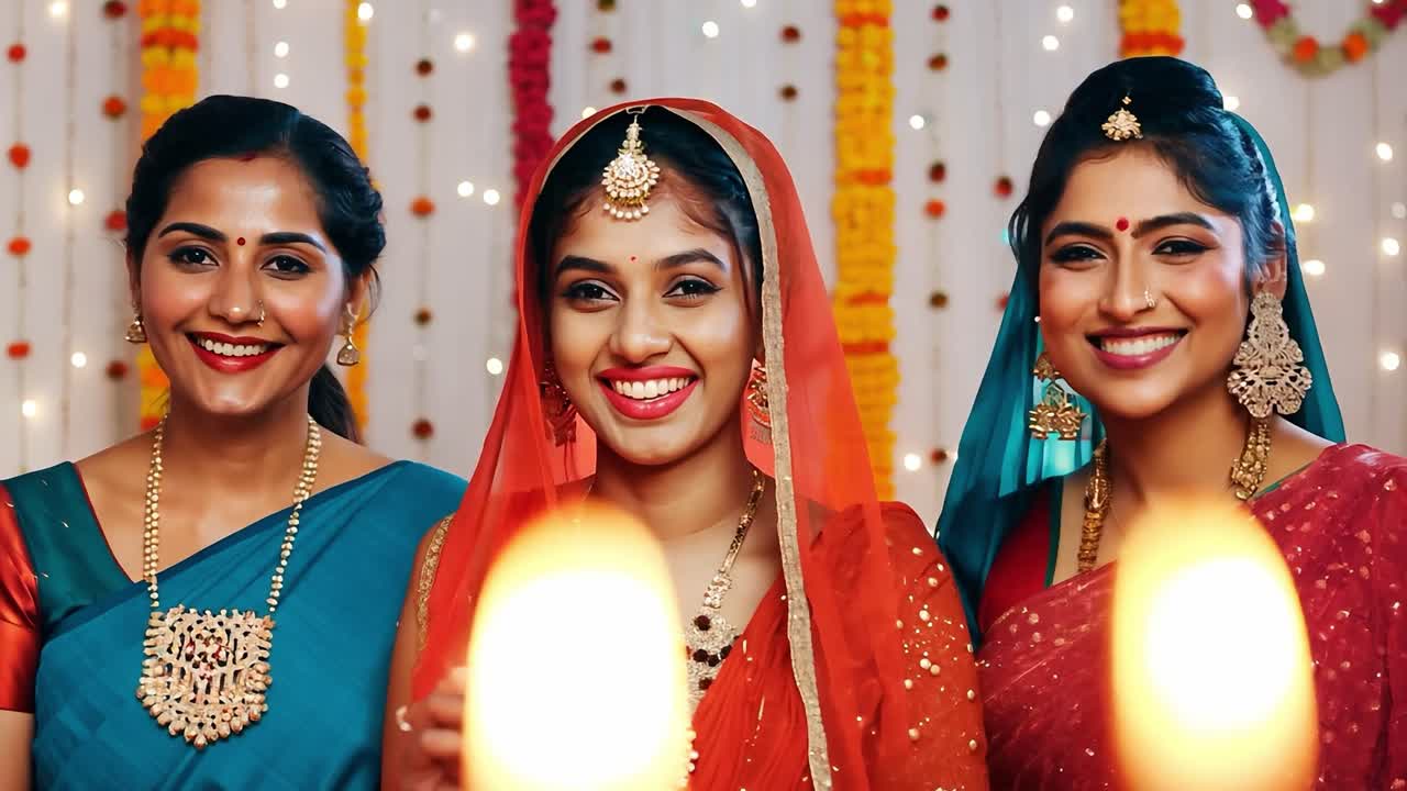 Tre donne indiane che celebrano il Diwali con candele e abiti tradizionali