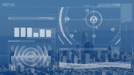 animation of data processing over cityscape