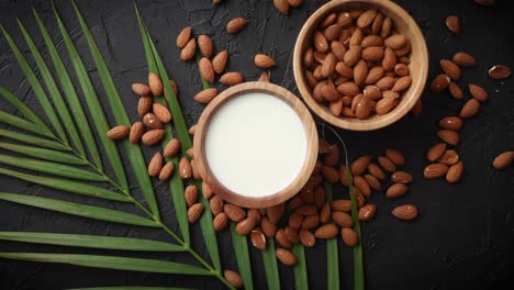 amond seeds in wooden bowl  fresh natural milk placed on black stone background