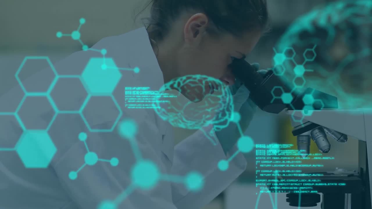 Animazione di cervello digitale, molecole ed elaborazione dati su uno scienziato caucasico in laboratorio.