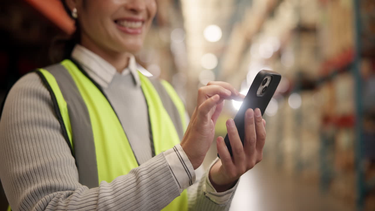 Operaio di magazzino che usa lo smartphone per la gestione dell'inventario