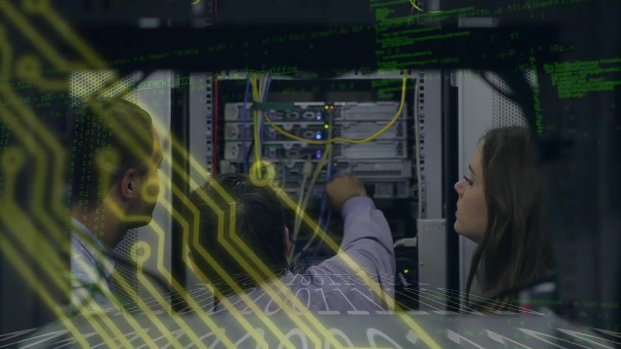 Animation of computer circuit board and data processing over diverse business people in server room