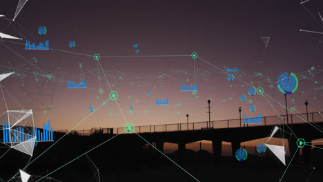 Animation of network of connections with statistics over cityscape