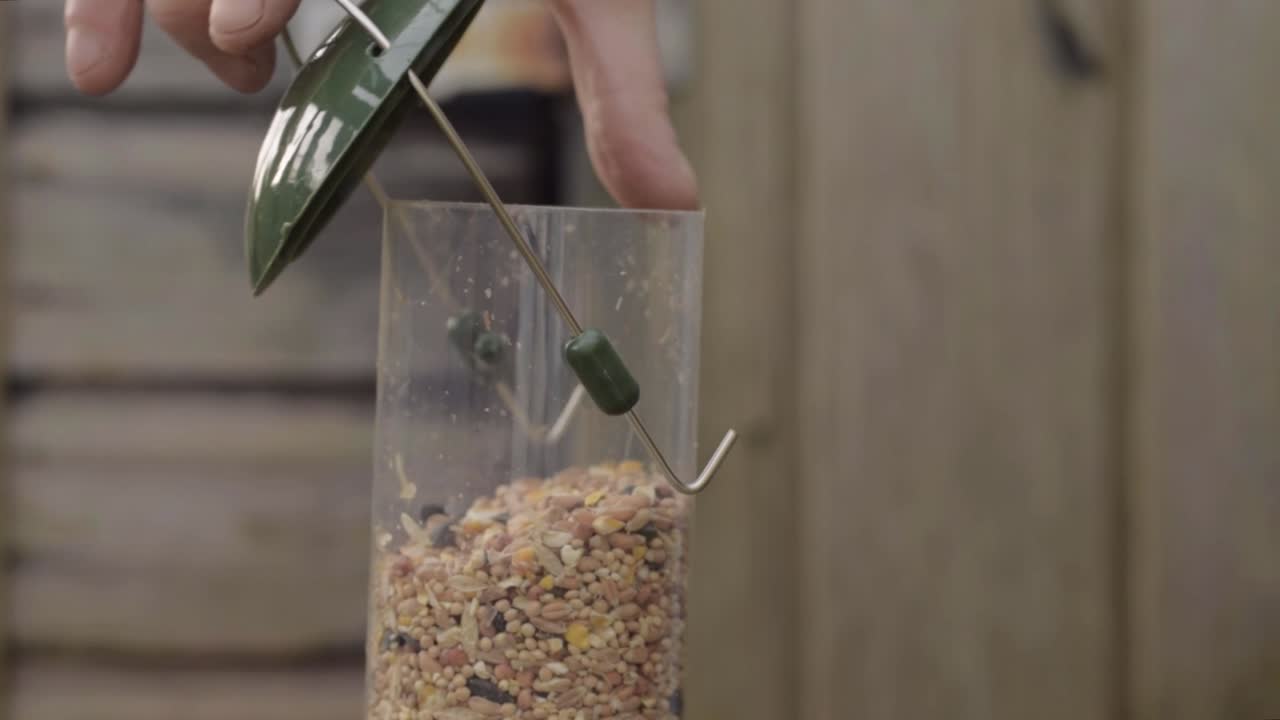 Hand filling a bird feeder with wild bird seed mix close up