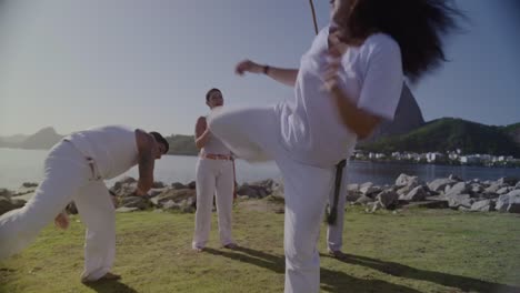 capoeira group performing outdoors by the water in rio de janeiro