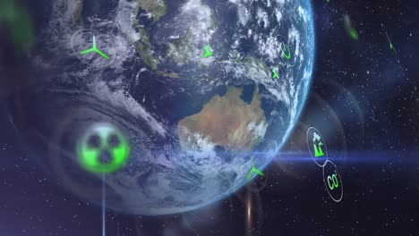 animation of eco icons and data processing over globe