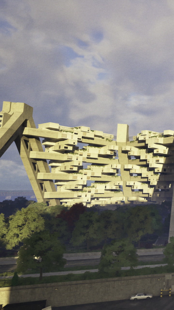 Modern building design in urban area under cloudy sky