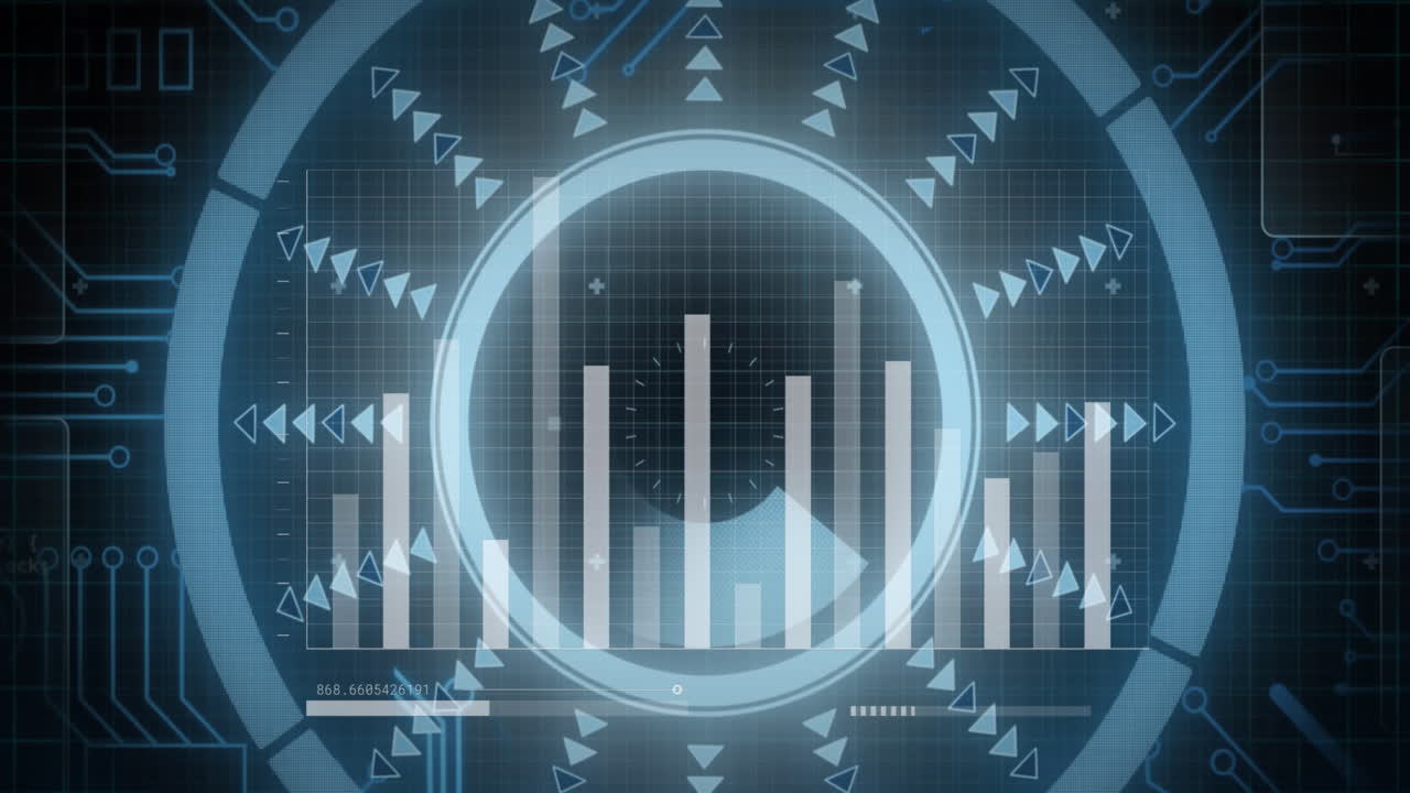 Animation of graphs, loading bars over arrows in loading circle and circuit board pattern