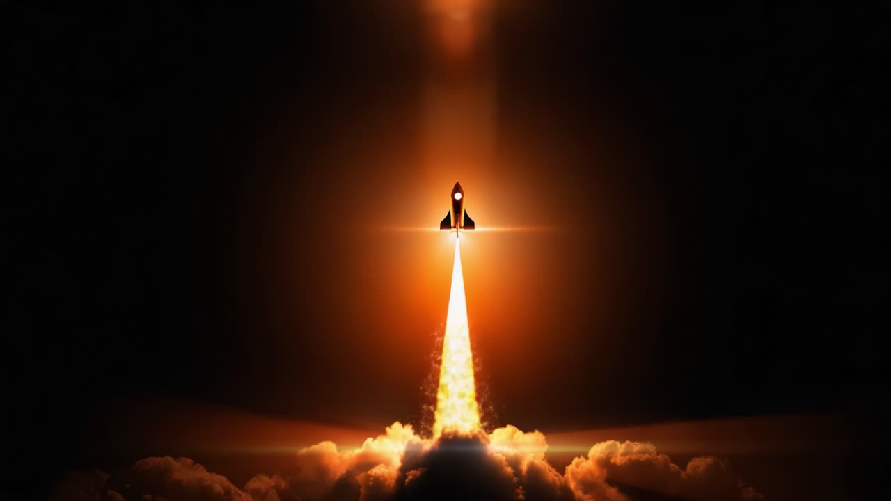 Powerful rocket taking off into the night sky, its engines producing a brilliant fiery glow and a thick plume of smoke as it ascends towards space on an ambitious interstellar mission