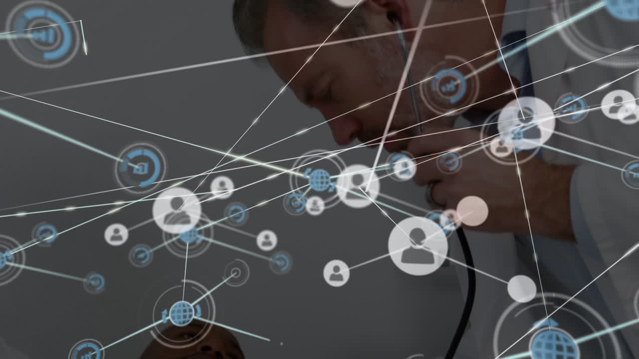 red de iconos digitales contra un médico caucásico examinando a un paciente afroamericano