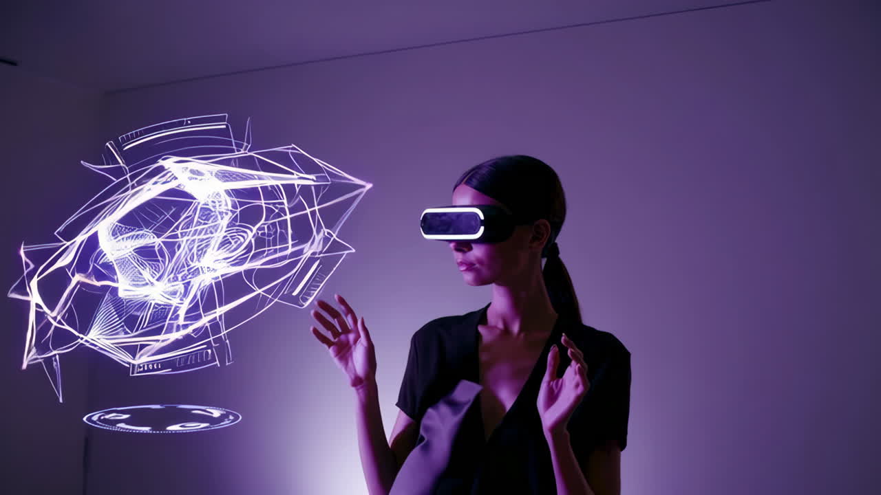 Woman interacts with a holographic display while wearing a VR headset