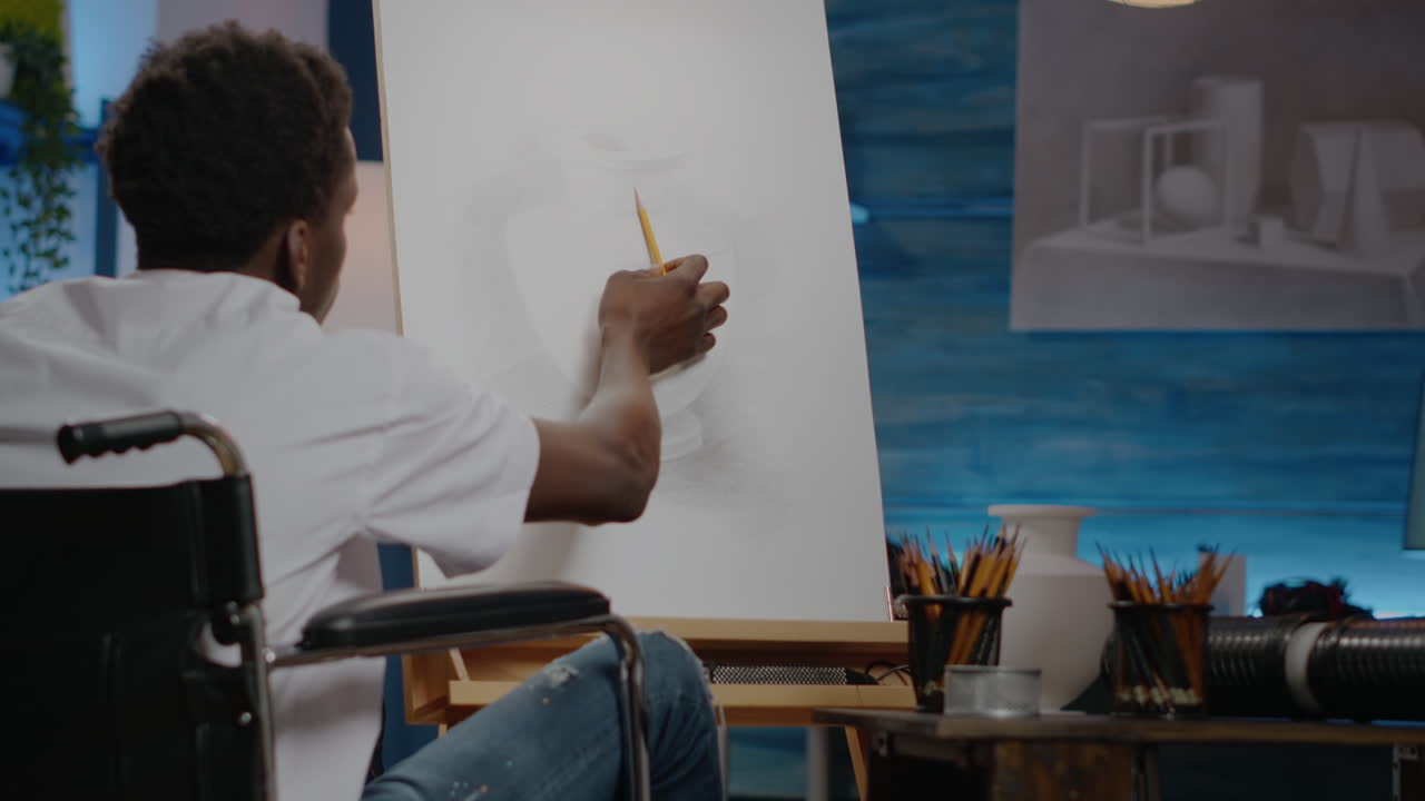 African american disabled young artist drawing vase on canvas