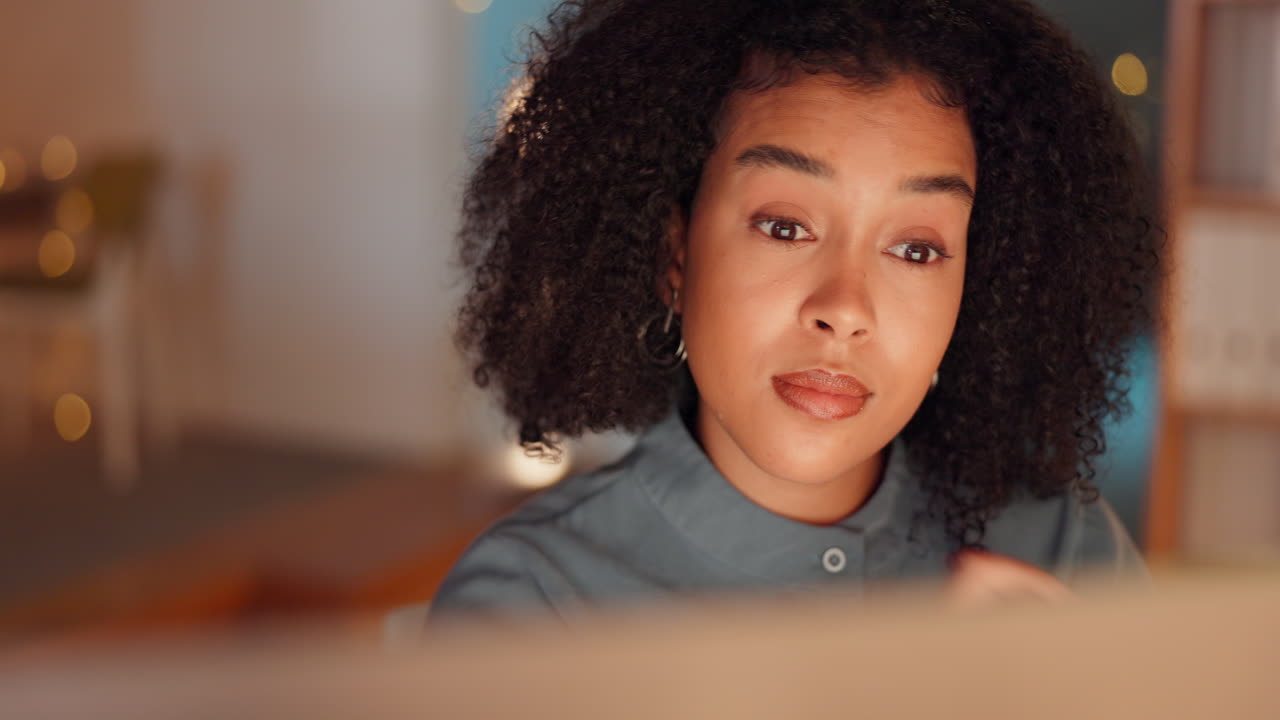 Night, thinking and computer with black woman
