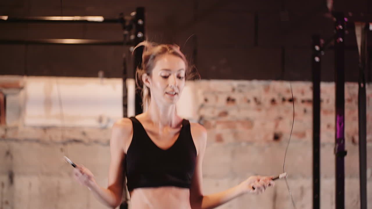 체육관에서 줄넘기를 사용하여 운동하는 자신감 있는 젊은 여성의 슬로우 모션