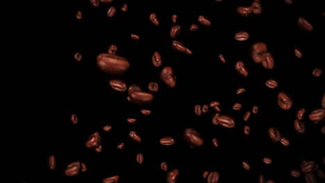 flying many coffee beans on black background. caffeine drink, breakfast, aroma. 3d animation of roasted coffee beans rotating. loop animation.