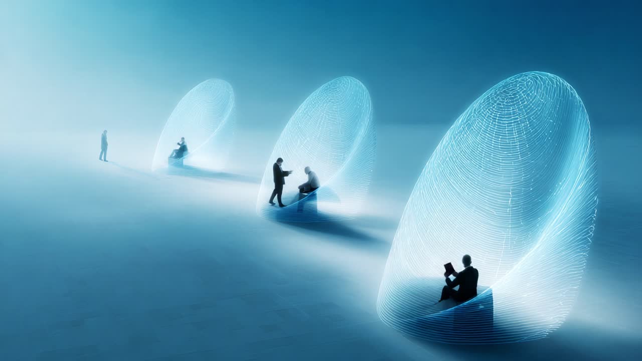 Futuristic Interaction: A Visualization of Human Connection in a Digital Realm with Ethereal Seats and Abstract Figures in a Minimalistic Environment
